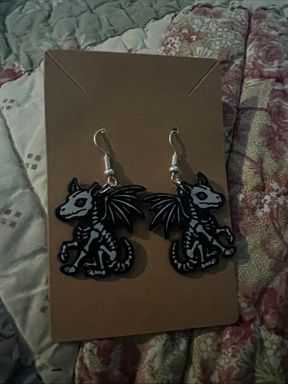 Black & White Dragon Skeleton Dangle Earrings - Accessories